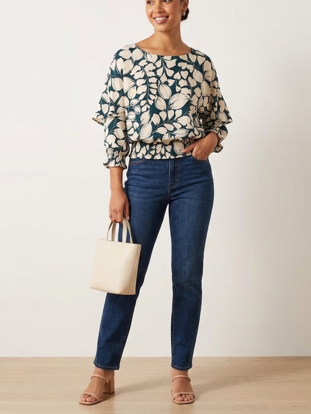 Ann Taylor Smocked Waist Leaf Print Blouse – Navy & White